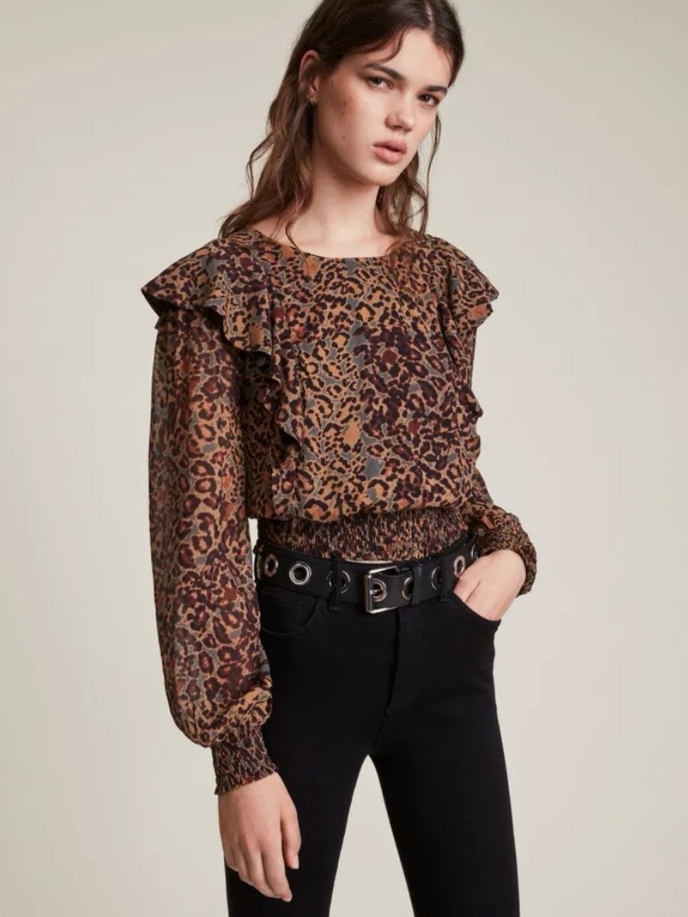 All Saints Elodie Ruffle Vibrant Animal Print Top L Open Back Grudge Chic Indie